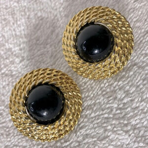 Vintage Gold Tone Rope Circles With Black Centres Clip On Earrings